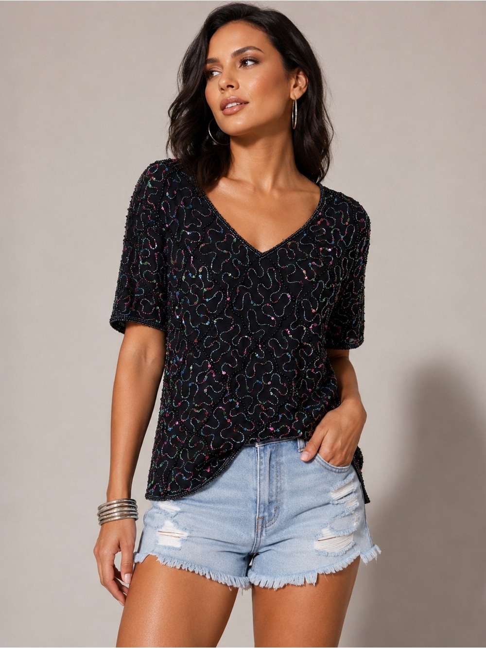Stunning Black Colorful Beaded & Sequin Top